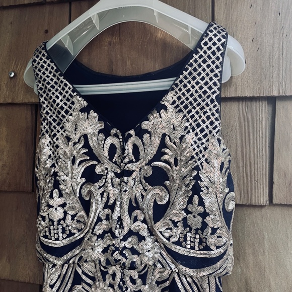 R&M Richards Womens Sequined Evening Navy Gold Maxi Gown Dress Size 6 - Picture 12 of 15